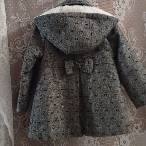 OshKosh B'Gosh girls 4 Navy hooded double breasted coat pockets bow accent - Picture 4 of 7